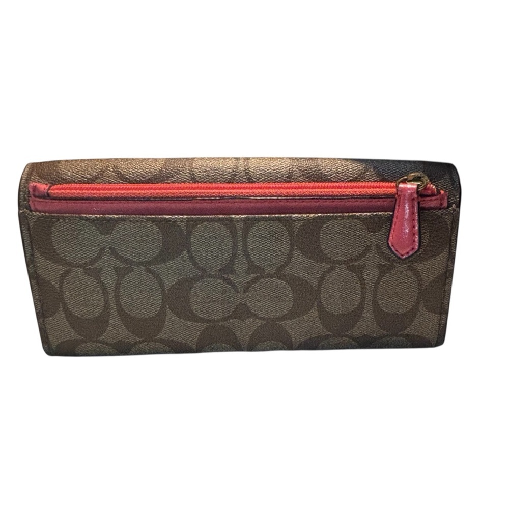 COACH Peyton Signature Slim Envelope Wallet Khaki Tan Coral Pink Canvas Leather - Picture 2 of 16